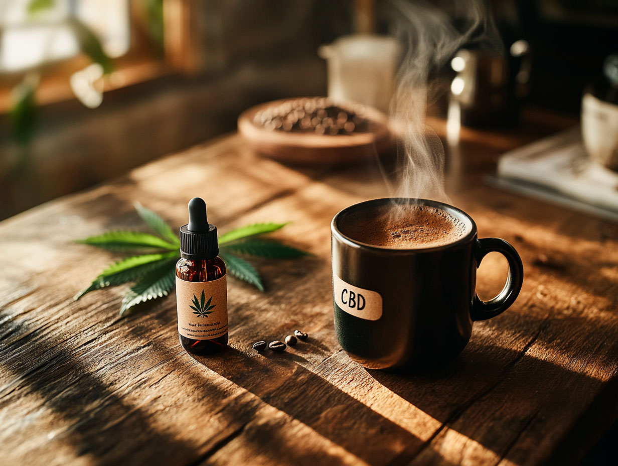 Cannabidiol Coffee: Benefits, Recipes & Brewing Tips A steaming mug of black coffee on a wooden table with a CBD dropper bottle labeled “Cannabidiol Coffee” and fresh hemp leaves in soft morning light.