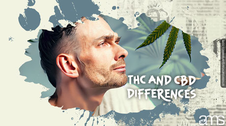 Man with doubtful face observing a floating marijuana leaf