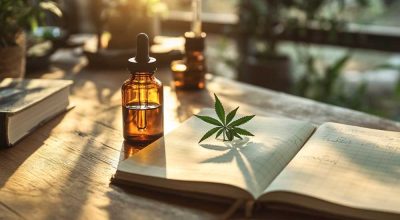 Close-up of CBD oil bottle and notebook with the words “Autism Spectrum Disorder” – cannabis and autism research concept
