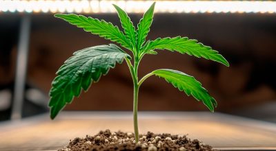 Young cannabis seedling developing under indoor LED lights inside a home grow tent