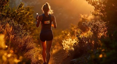 Ultra-marathon runner on a rocky trail using a CBD vape pen to support cannabis sport performance and maintain focus during endurance training.
