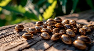 Macro shot of sativa seeds with a natural background, showing texture and quality before cultivation