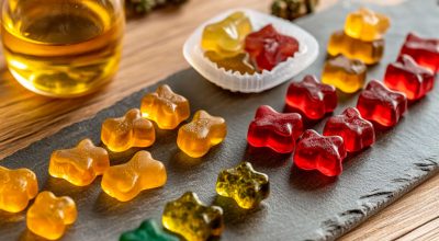 Silicone gummy mold filled with colorful mixture next to gelatin packets and a jar of cannabis tincture, representing a cannabis gummies recipe in progress.
