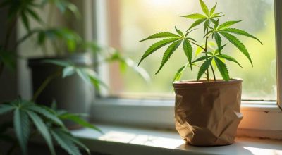 Cannabis growing in natural light on a windowsill using no special equipment. Ideal example of homegrown weed with zero budget.