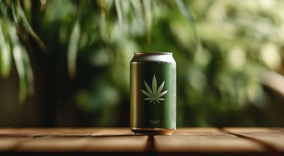 A minimalistic can of THC beer placed on a wooden table in natural light