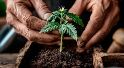 Gardener placing a young cannabis plant into an outdoor garden bed, illustrating the process of transplanting cannabis seedlings with care.