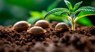 Four stages of an autoflower cannabis plant growing outdoors, from seed to flowering, helping visualize what are autoflower seeds and how they develop.