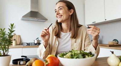 A healthy lifestyle scene linking cannabis use with mindful eating and balance—exploring the idea that weed may support weight control.