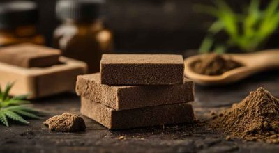 Side-by-side comparison of hashish vs charas on a wooden surface, showing texture and form differences.
