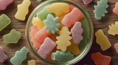 Colorful hemp gummies spilling from an open jar on a wooden table with fresh hemp leaves in the background