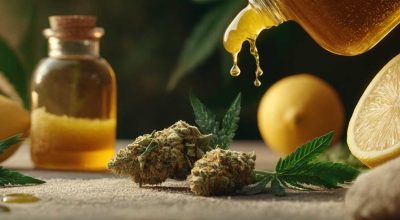 Cannabis bud being flavored with natural blueberry or strawberry extract to show how to make weed taste better