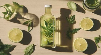 Natural ingredients for marijuana detox drinks: lemon, cranberries, ginger, mint, and green tea displayed on a wooden table.