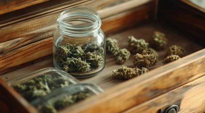Drawer showing side-by-side comparison of cannabis: one side stored in a jar, the other exposed and degraded – does weed expire visual example