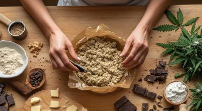 Group of friends casually preparing a space cake in a cozy kitchen, with cannabis ingredients visible on the table.