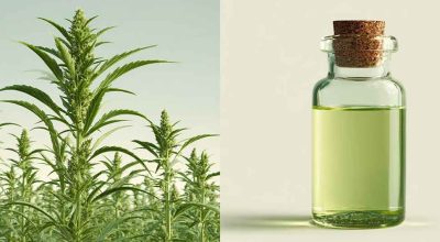 Realistic split image of hemp plant with leaves and seeds on one side and CBD oil bottles on the other, illustrating what is the difference between hemp and CBD.